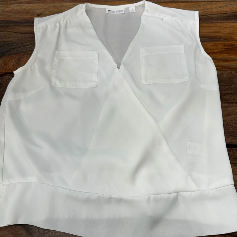 NY & Co White Wrap Blouse Sleeveless V Neck Pockets Small